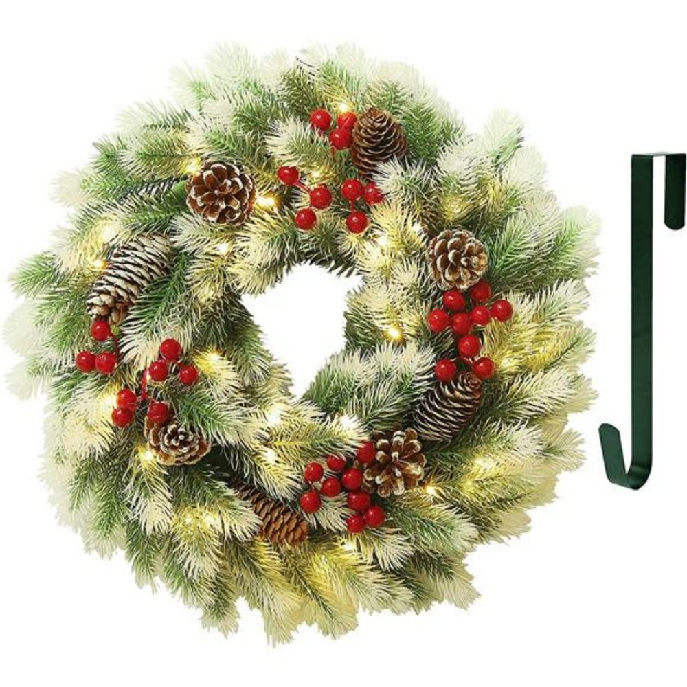 16 Inch Pre-Lit Christmas Wreath with Metal Hanger, Light Up Mountain Fir Pine